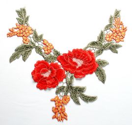 Krajková aplikace středová červené/oranžové květy