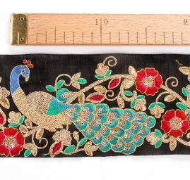 Vyšívaná stuha šantung vzor pávi černá