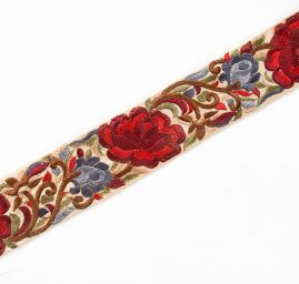 Vyšívaná stuha šantung květ růže velký červený