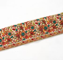 Vyšívaná stuha šantung paisley vzor olivová