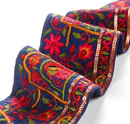 Vyšívaná stuha šantung motiv madony modrá