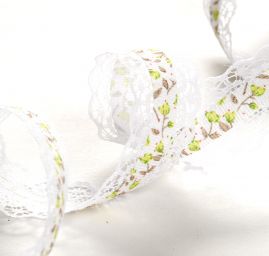 Stuha rypsová květy krajkový lem bílá