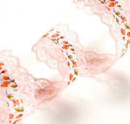 Stuha rypsová květy krajkový lem růžová