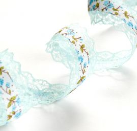 Stuha rypsová květy krajkový lem modrá