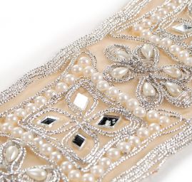 Stuha organzová s výšivkou, perličkami a sklíčky