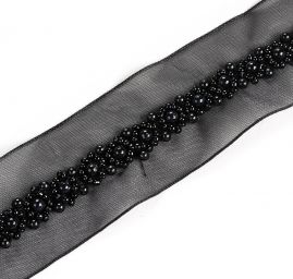 Stuha organzová s výšivkou perliček černá