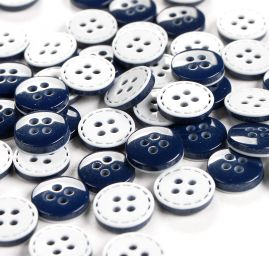 Knoflík plastový kulatý čtyřdírkový 18" modrobílý