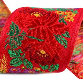 Stuha krojová vyšívaná červená 7cm