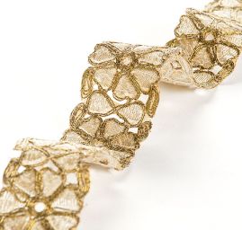 Krajková kovová stuha starozlatá drobné květy