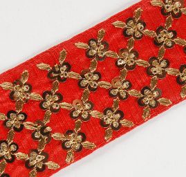 Šantungová stuha vyšívaná s flitry červená