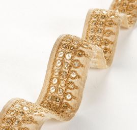 Krajková kovová stuha s flitry kolečka zlatá