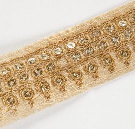 Krajková kovová stuha s flitry kolečka zlatá