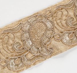 Krajková kovová stuha paisley vzor šedá měděná