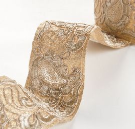 Krajková kovová stuha paisley vzor šedá měděná