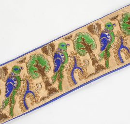 Stuha vyšívaná na šantungu ptáci modrá