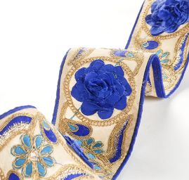 Stuha vyšívaná na šantungu plastický květ tyrkys