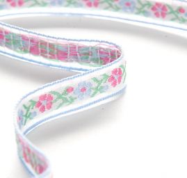 Vyšívaná stuha drobné květy růžová/modrá