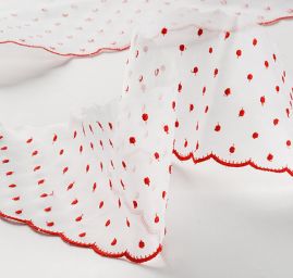 Organzová vyšívaná porta puntíky červená/bílá
