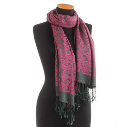 Hedvábná šála žakár třásně zelená/růžová