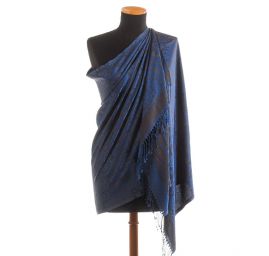 Hedvábná šála žakár třásně modrá/hnědá