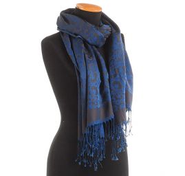 Hedvábná šála žakár třásně modrá/hnědá