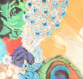 Efektní šála s třásněmi paví pera/růže oranžová