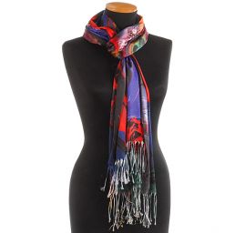 Efektní šála s třásněmi paví pera/růže červená