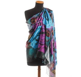 Efektní šála s třásněmi paví pera/růže tyrkysová