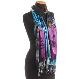 Efektní šála s třásněmi paví pera/růže tyrkysová