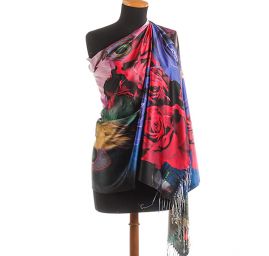 Efektní šála s třásněmi paví pera/růže červená