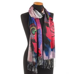 Efektní šála s třásněmi paví pera/růže červená