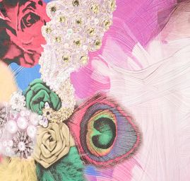 Efektní šála s třásněmi paví pera/růže červená