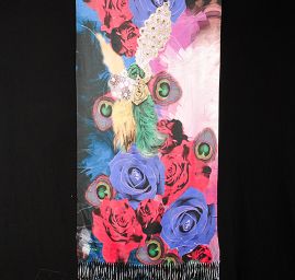 Efektní šála s třásněmi paví pera/růže červená