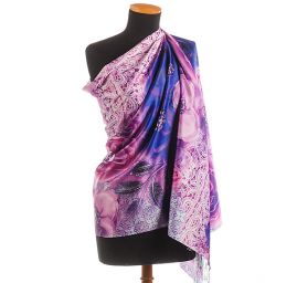 Efektní šála s třásněmi vážka/růže růžovomodrá