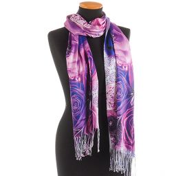 Efektní šála s třásněmi vážka/růže růžovomodrá