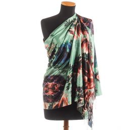 Efektní šála s třásněmi šperk/květy rezavomodrá