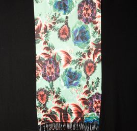 Efektní šála s třásněmi šperk/květy rezavomodrá