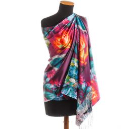 Efektní šála s třásněmi šperk/květy tyrkysová