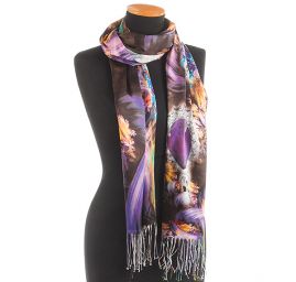 Efektní šála s třásněmi šperk/květy fialová