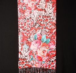 Efektní šála s třásněmi tygr/květy červená