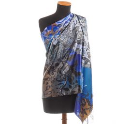Efektní šála motiv květů modrá/hnědá