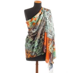 Efektní šála motiv květů oranžová/zelená