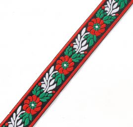 Stuha krojová vyšívaná černá 2,5cm červený květ
