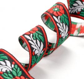 Stuha krojová vyšívaná černá 2,5cm červený květ