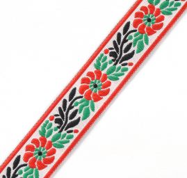 Stuha krojová vyšívaná bílá 2,5cm červený květ