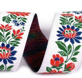 Stuha krojová vyšívaná bílá 3,5cm červený/modrý květ