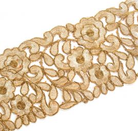 Krajková kovová stuha květinový vzor starozlatá