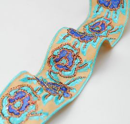 Porta textilní výšivka/flitry květinový vzor tyrkysová