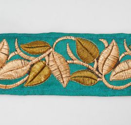 Porta vyšívaný šantung vzor lístky petrolej