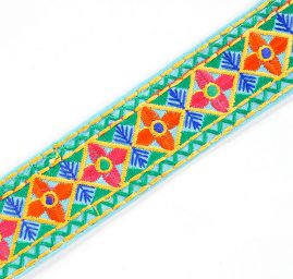 Vyšívaná stuha lidový motiv tyrkysová/zelená